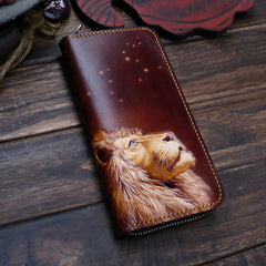 Dark Coffee Handmade Tooled Lion Leather Mens Bifold Long Wallet Zipper Clutch For Men - iwalletsmen