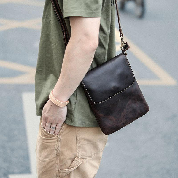 Casual Black Leather Mens Small Vertical Courier Bags Black Messenger Bags Brown Postman Bags For Men - iwalletsmen