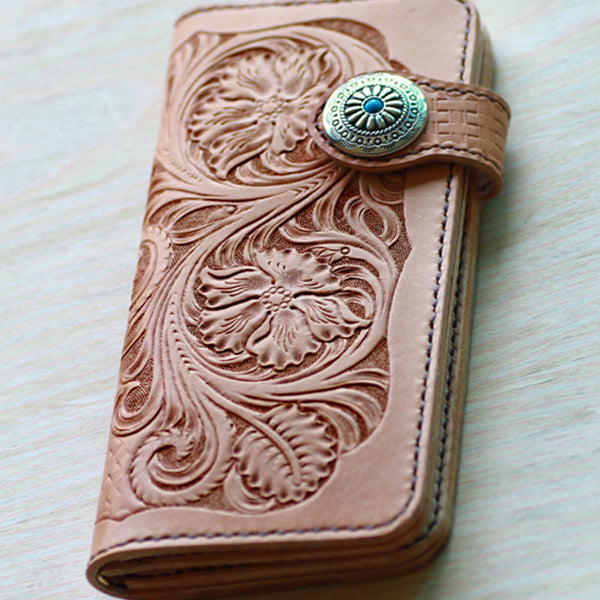 Handmade Mens Tooled Floral Beige Leather Long Biker Wallet Cool Long Chain Wallet for Men - iwalletsmen