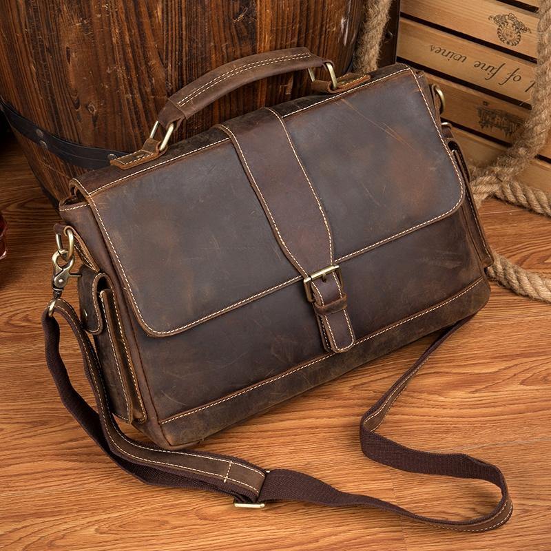 Cool Dark Brown Leather Mens 14 inches Briefcase Laptop Bags Business Side Bag Work Bag for Men - iwalletsmen