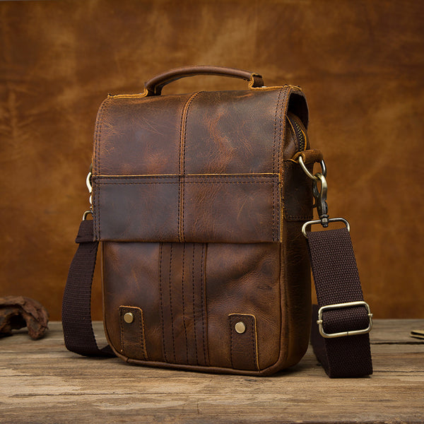 Vintage Brown Leather Mens Small Vertical Side Bags Courier Bag Messenger Bag For Men - iwalletsmen