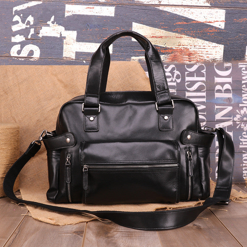 Casual Leather Mens 15 inches Black Briefcase Messenger Bag Travel Bag Black Handbag Side Bag for Men - iwalletsmen