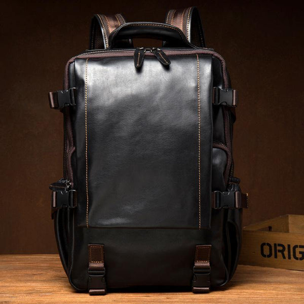 Black Fashion Mens Leather 14-inch Computer Backpacks Cool Travel Backpack School Backpack for men - iwalletsmen