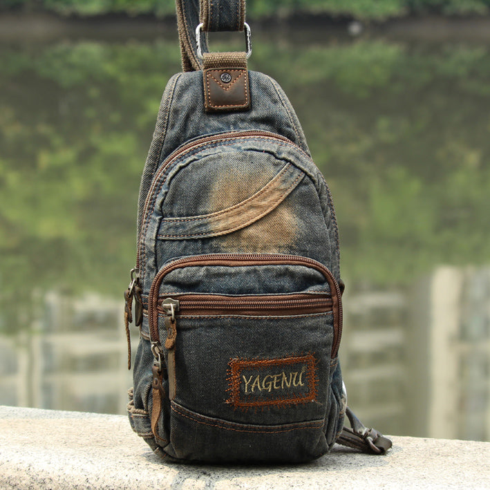 Denim Blue Mens 8 inches Sling Bag Chest Bags Fashion Denim One Shoulder Backpack For Men - iwalletsmen