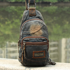 Denim Blue Mens 8 inches Sling Bag Chest Bags Fashion Denim One Shoulder Backpack For Men - iwalletsmen