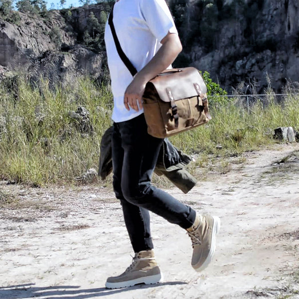 Cool Canvas Leather Mens Side Bag Black Shoulder Bag Khaki Messenger Bag for Men - iwalletsmen