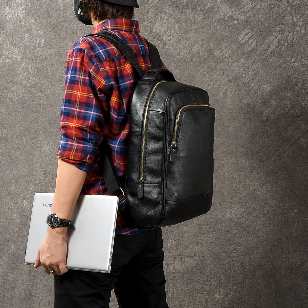 Black Leather Mens 15" Laptop Backpack Hiking Backpack Travel Backpack College Backpack for Men - iwalletsmen