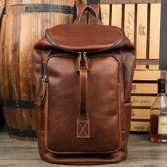 Black Fashion Mens Leather 15-inch Computer Barrel Backpack Brown Travel Bucket Backpacks School Backpacks for men - iwalletsmen