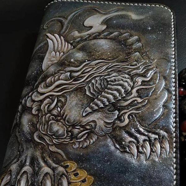 Badass Black Leather Men's Chinese Monster Long Biker Wallet Handmade Tooled Zipper Long Wallets For Men - iwalletsmen