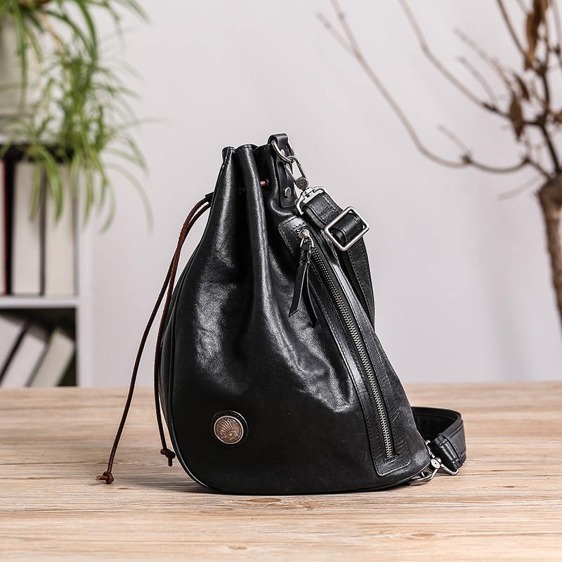 Cool Black Leather Men's Sling Pack Chest Bag One shoulder Backpack Crossbody Pack For Men - iwalletsmen