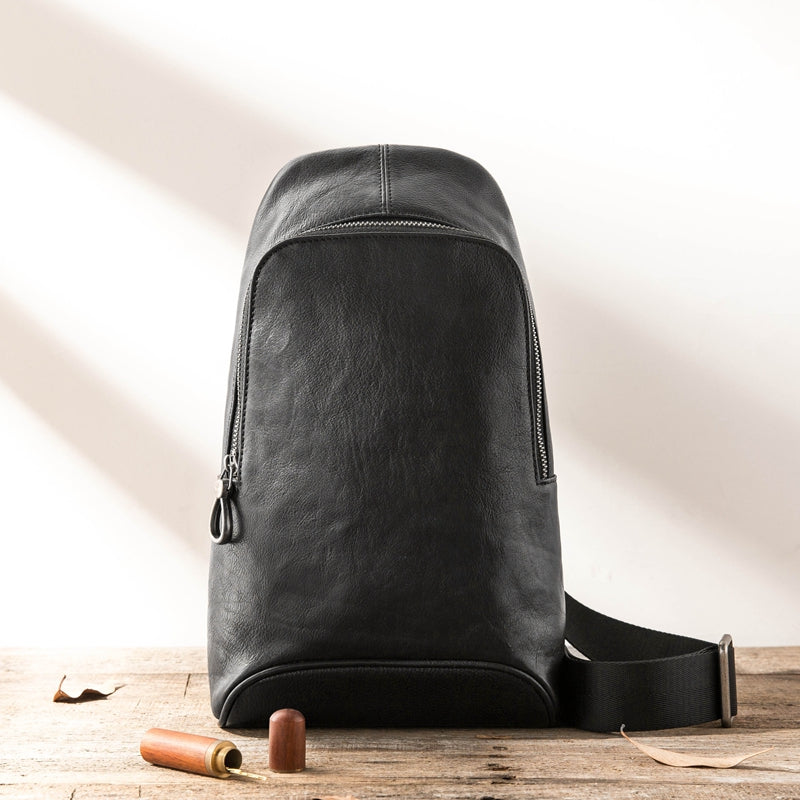 Black Cool Leather Mens Sling Bag Chest Bag Black One Shoulder Backpack Sling Pack for Men - iwalletsmen