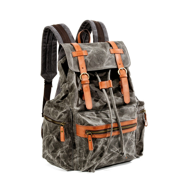 Gray Waxed Canvas Mens Waterproof Large 14‘’ Hiking Backpack Travel Backpack Computer Backpack College Backpack for Men - iwalletsmen