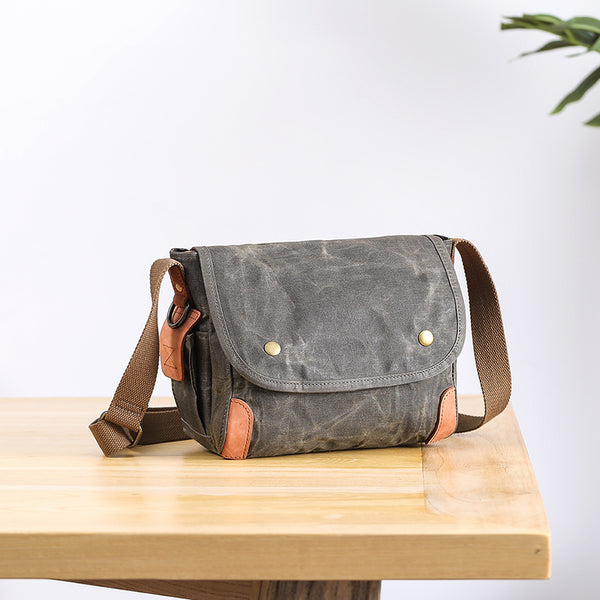 Wax Canvas Leather Mens 10'' Gray Side Bag Courier Bag Khaki Messenger Bag for Men - iwalletsmen