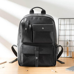 Casual Black Mens Leather School Backpacks Travel Backpacks 14-inch Laptop Backpack for men - iwalletsmen