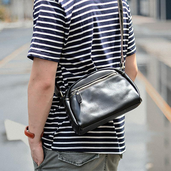 Black Leather Mens Casual Small Saddle Courier Bags Messenger Bag Coffee Brown Postman Bags For Men - iwalletsmen