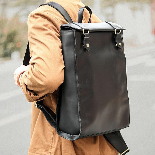 Cool Black Leather Mens Travel Backpack Work Handbag 14 inches Work Backpack For Men - iwalletsmen