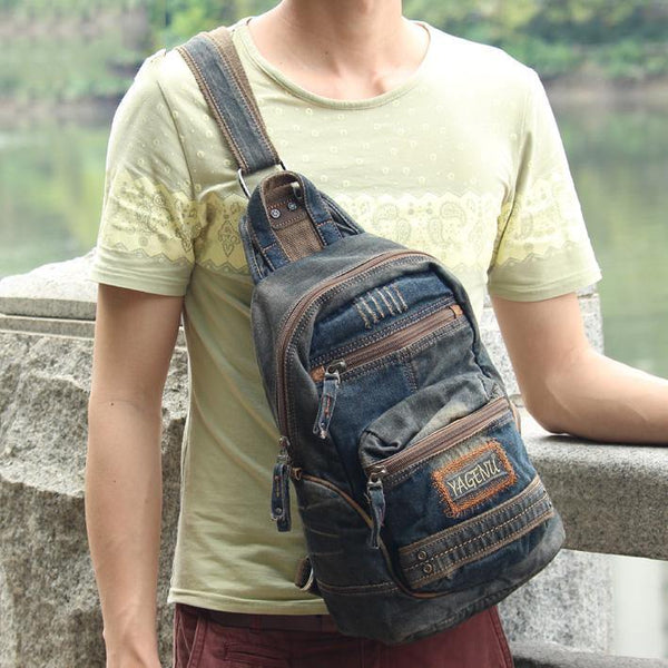 Denim Vintage Blue Mens Large Sling Bag Chest Bag Jean One Shoulder Backpacks For Men - iwalletsmen