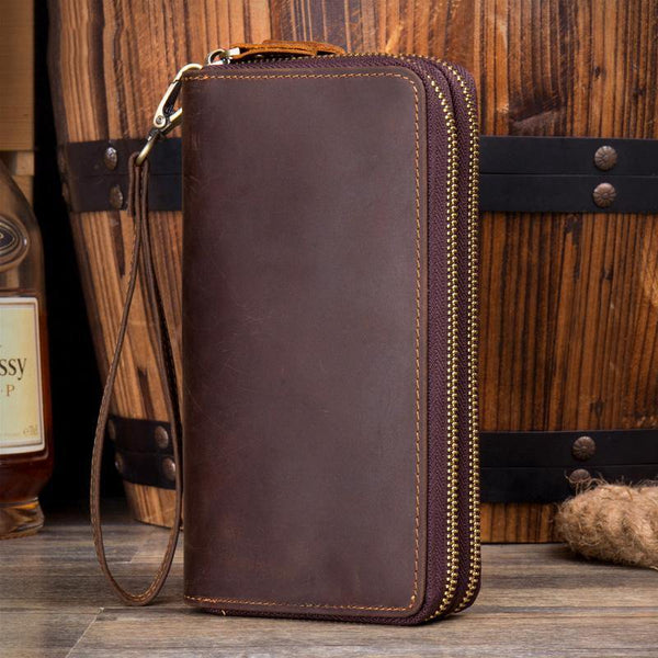 Cool Dark Brown Mens Bifold Zipper Long Wallet Clutch Wallet Wristlet CellPhone Wallet for Men - iwalletsmen