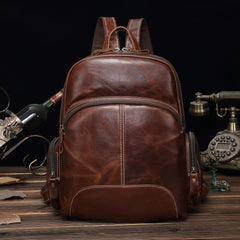 BROWN LEATHER MEN'S College Backpack Travel Backpack Leather Backpack For Men - iwalletsmen