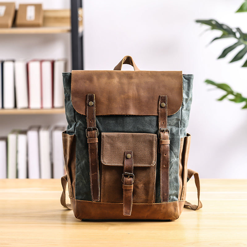 Lake Green Waxed Canvas Mens Large 15'' Laptop Backpack College Backpack Hiking Backpack for Men - iwalletsmen