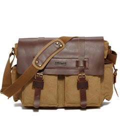 Canvas Leather Mens Vintage Khaki Travel Side Bag Green Messenger Bag Brown Courier Bag for Men - iwalletsmen