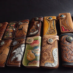 Handmade Skull Tooled Black Leather Mens Long Biker Wallet Biker Chain Wallet For Men - iwalletsmen