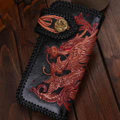 Handmade Mens Cool Tooled Chinese Dragon Leather Chain Wallet Biker Trucker Wallet with Chain