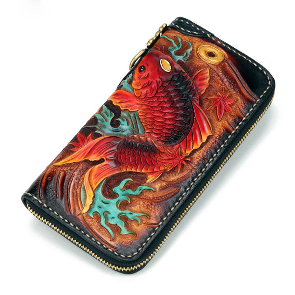 Handmade Leather Carp Mens Chain Zipper Biker Wallet Cool Leather Wallet Long Phone Wallets for Men