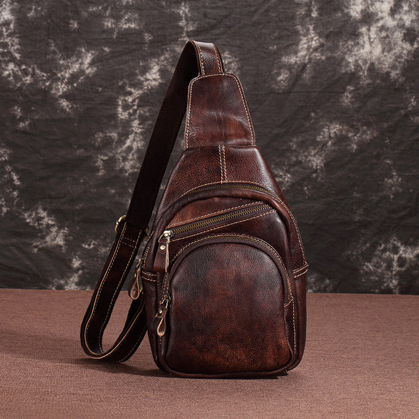 Tan Cool LEATHER MENS 8 inches Sling Bag One Shoulder Backpack Brown Chest Bag For Men - iwalletsmen