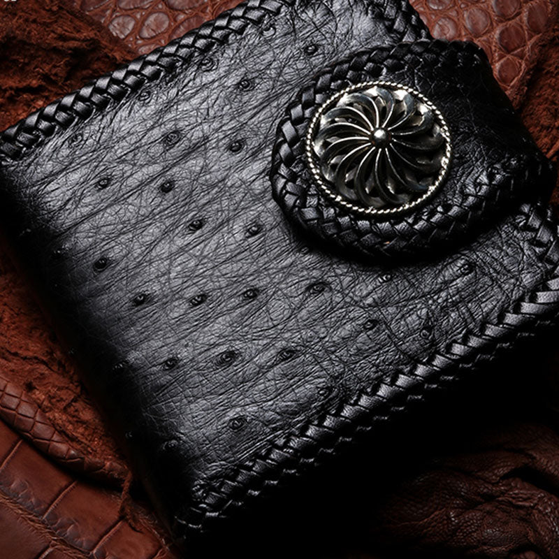 Handmade Leather Ostrich skin Mens billfold Wallet Cool Chain Wallet Biker Wallet for Men