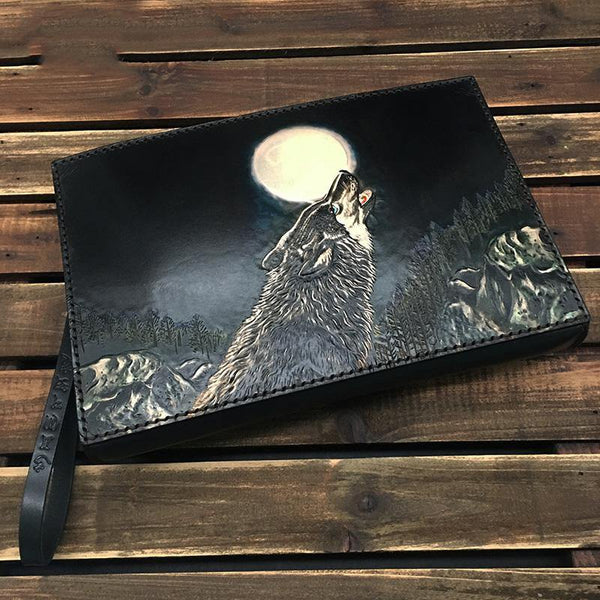 Black Handmade Tooled Leather Wolf Clutch Wallet Wristlet Bag Clutch Purse For Men - iwalletsmen