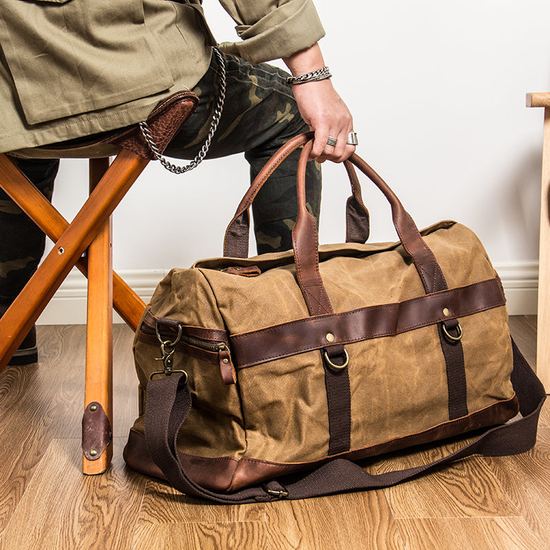 Khaki Waxed Canvas Leather Mens Waterproof Large Weekender Bag Travel Bag Luggage Bag for Men - iwalletsmen