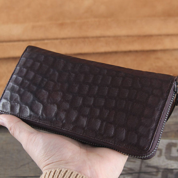 Genuine Leather Mens Cool Long Leather Wallet Zipper Clutch Wristlet Wallet for Men