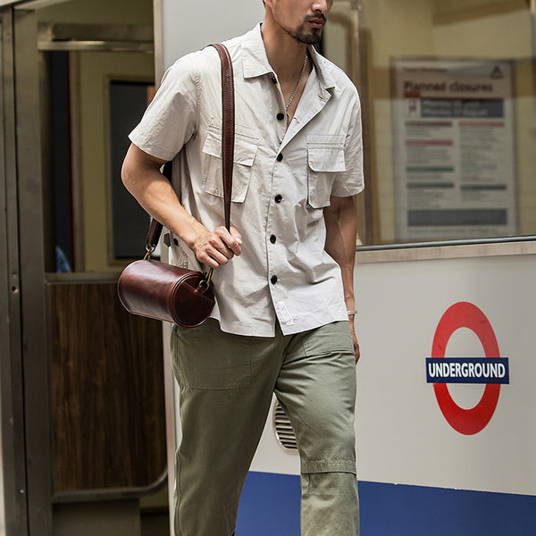 Red Brown Cool Leather Mens 8 inches Barrel Side Bag Bucket Messenger Bags Courier Bag for Men - iwalletsmen