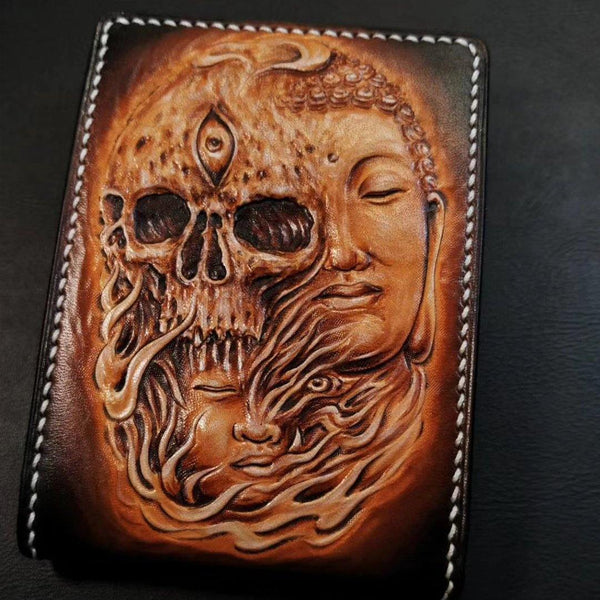 Handmade Leather Skull and Buddha Tooled Mens billfold Wallet Cool Leather Card Wallet Slim Wallet for Men - iwalletsmen
