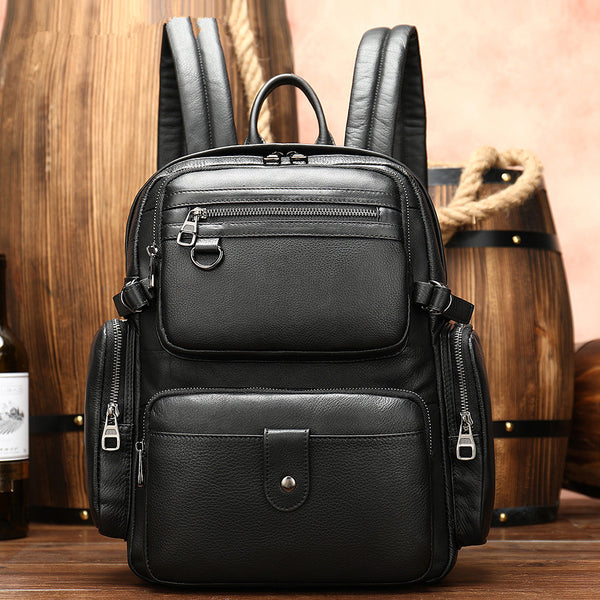 Black Leather Men's 14 inches Large Computer Backpack Large Black Travel Backpack Black Large College Backpack For Men - iwalletsmen