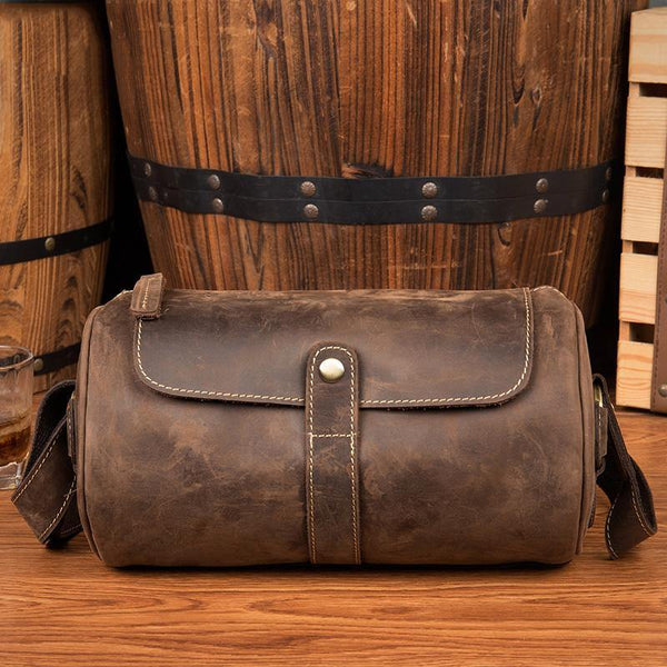 Cool Mens Brown Leather Small Barrel Messenger Bag Bucket Courier Bags for Men - iwalletsmen