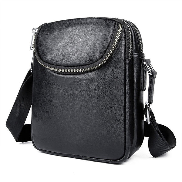 Black Leather 8 inches Small Side Bag Vertical Courier Bag Messenger Bag For Men - iwalletsmen