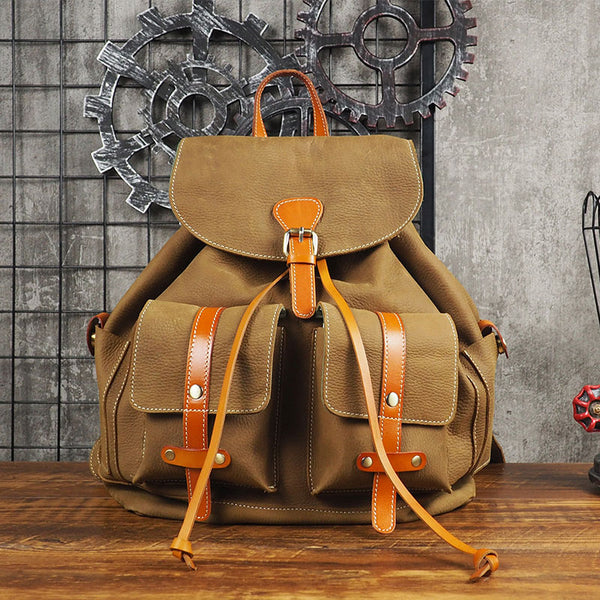 Tan Cool Mens Leather Backpack Travel Backpack Leather Hiking Backpack for Men - iwalletsmen