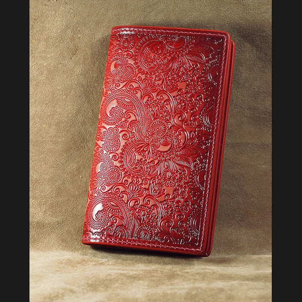 Handmade Leather Tooled Trifold Henna Floral Mens Long Wallet Cool Leather Wallet Clutch Wallet for Men