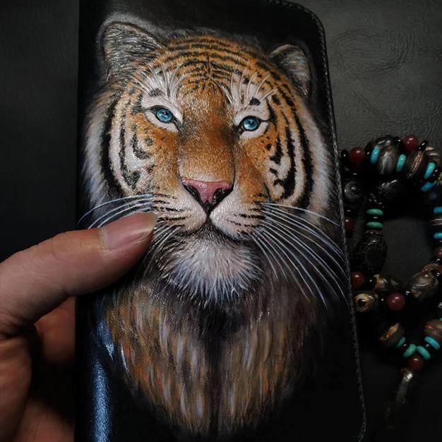 Badass Black Leather Men's Tiger King Long Biker Wallet Handmade Tooled Zipper Long Wallets For Men - iwalletsmen