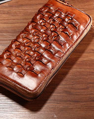 Vintage Braided Leather Mens Long Wallet Zipper Clutch Wallet For Men - iwalletsmen