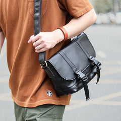 Black Leather Mens Casual Side Bag Courier Bag Black Messenger Bags Black Postman Bag For Men - iwalletsmen