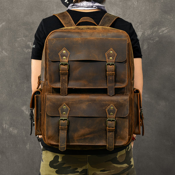 Cool Leather Mens 15" Brown Hiking Backpack Travel Backpack Laptop College Backpack for Men - iwalletsmen