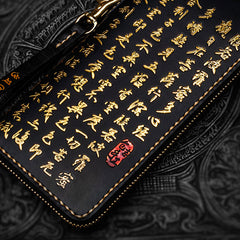 Handmade Leather Mens Chain Chinese Handwriting Biker Wallet Cool Leather Wallet Long Phone Wallets for Men