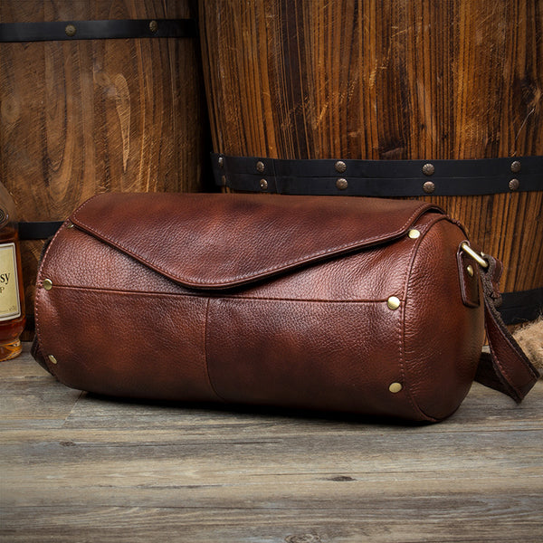 Cool Brown Leather Mens Bucket Courier Bag Side Bag Brown Postman Bag Messenger Bag For Men - iwalletsmen