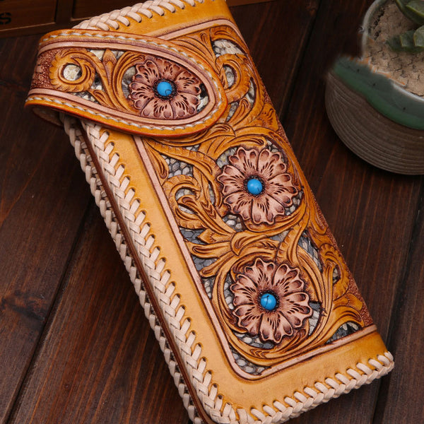 Handmade Mens Cool Tooled Floral Leather Chain Wallet Biker Trucker Wallet with Chain