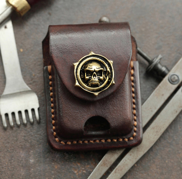 Cool Skull Brown Leather Mens Holster Zippo Lighter Cases Standard Zippo Lighter Holder Belt Clip For Men - iwalletsmen