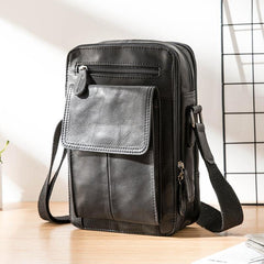 Black Casual Leather Mens Vertical Side Bag Black Messenger Bags Postman Bag Courier Bag for Men - iwalletsmen