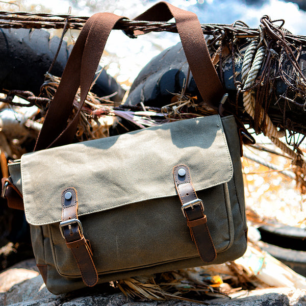 Cool Waxed Canvas Leather Mens Gray Casual Waterproof Side Bag 12'' Messenger Bag For Men - iwalletsmen